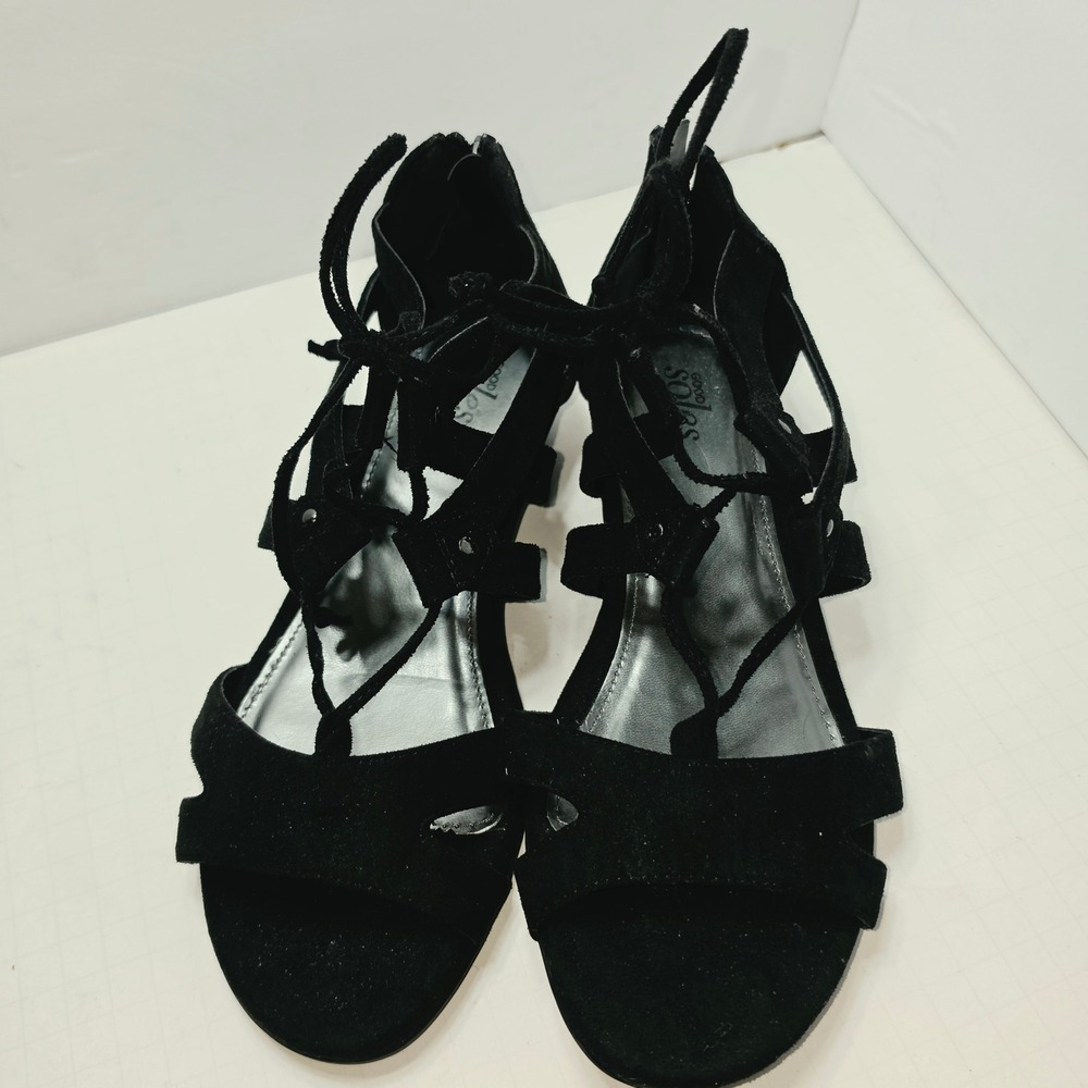Catherines Good Soles Black Faux Suede Lace Up Gladiator Wedge Sandals Womens 9M